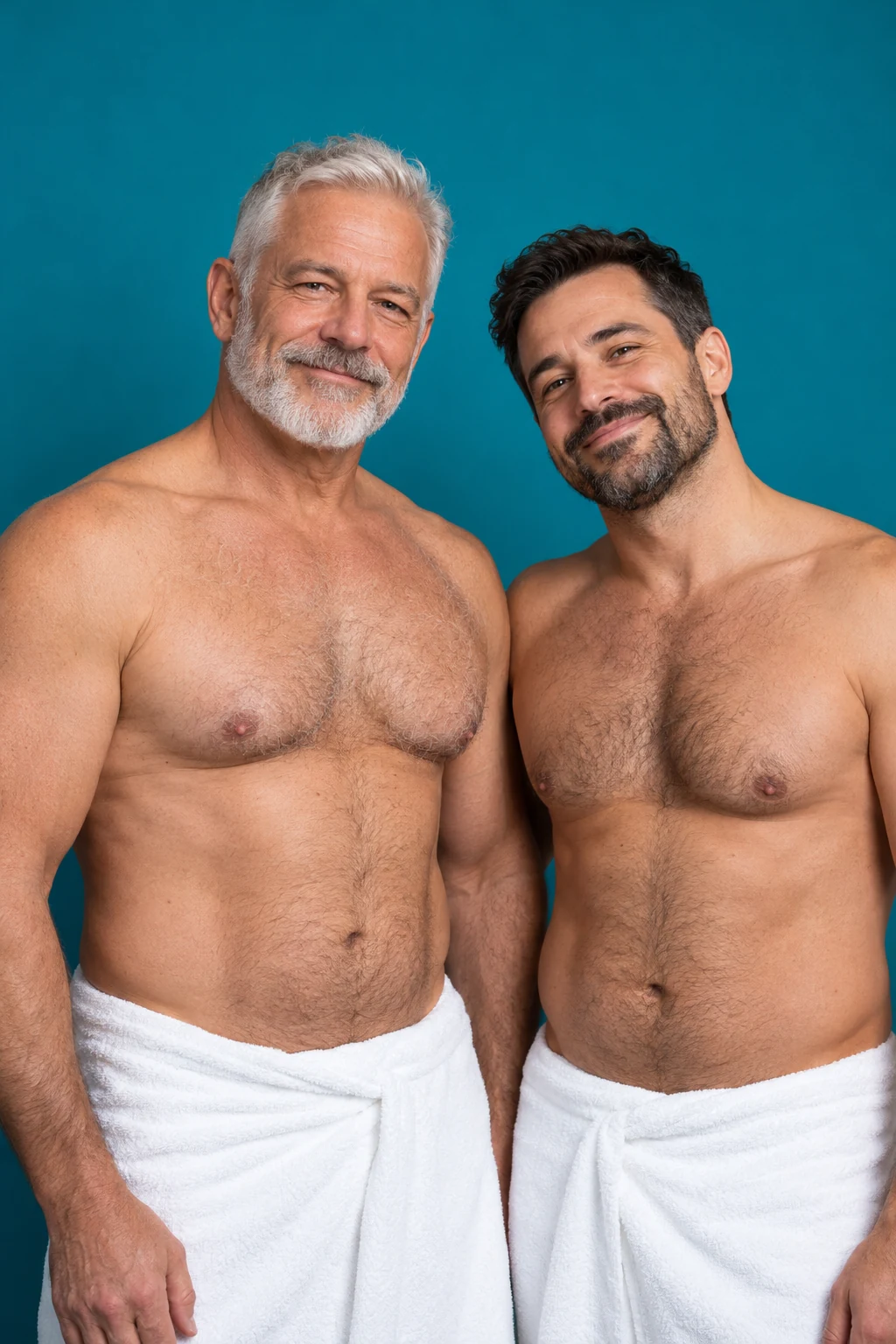 Two adult men, one silver-haired, smiling against a teal studio background